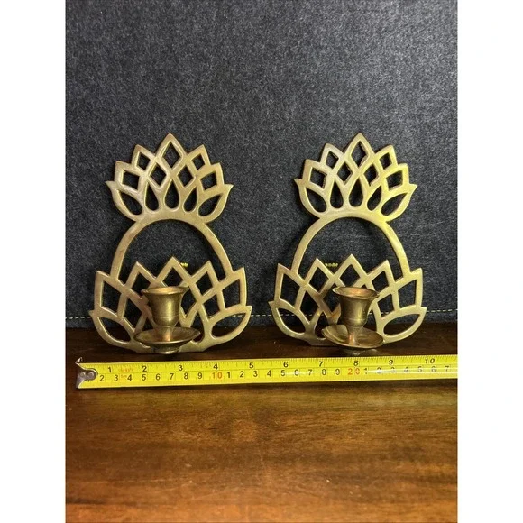 Pair Of Brass Pineapple Wall Mount Candle Holder 7" Tall 5" Wide EUC India - Picture 2 of 7